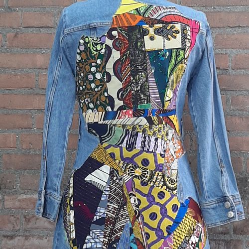 Lange jeans jas met waxprint