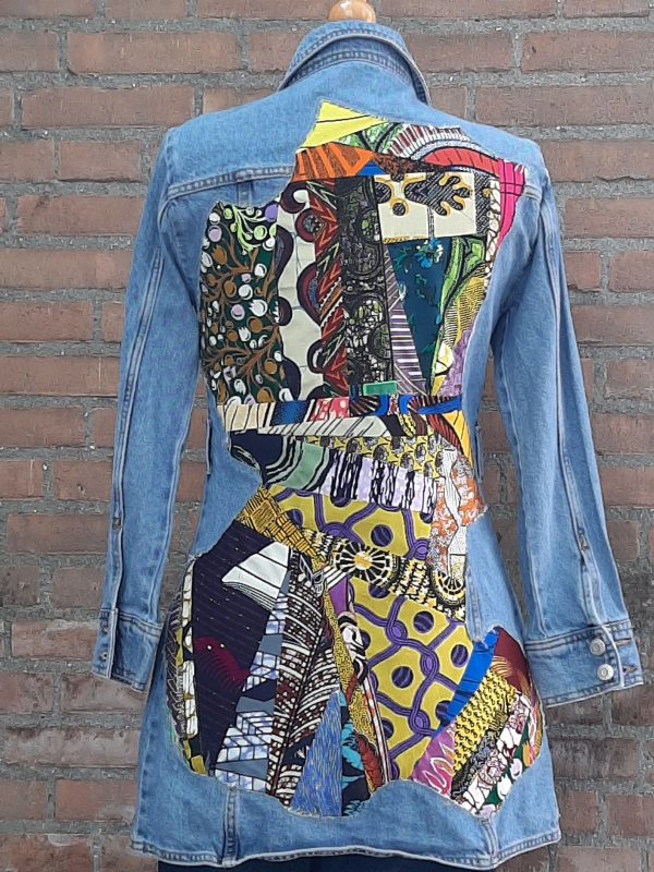 Lange jeans jas met waxprint